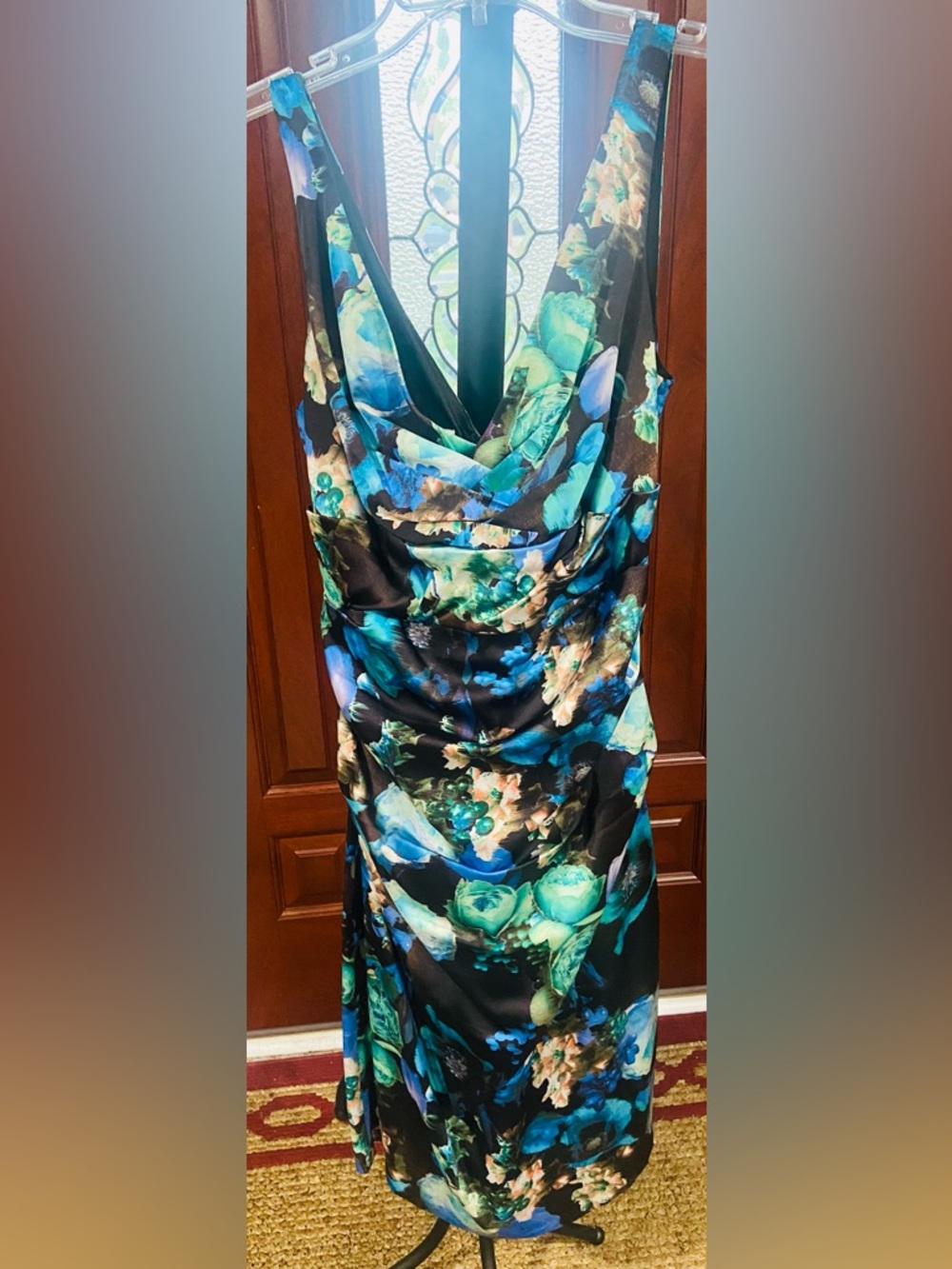 Floral Cowl Neck Women's Dress in Teal and Black